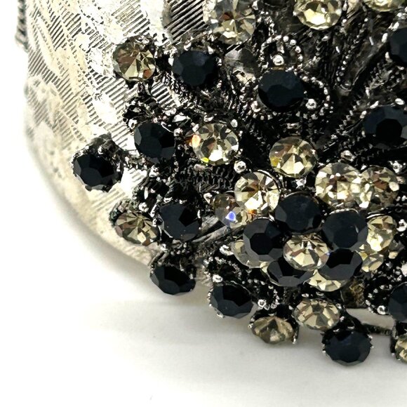 Vintage Black & Smokey Rhinestone Bracelet Hinged Etched Silver-Tone 6.5 Clamper - Picture 8 of 16